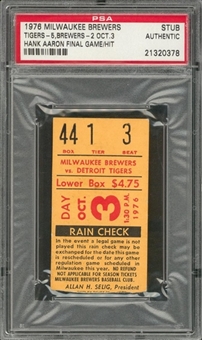1976 Milwaukee Brewers vs Detroit Tigers Ticket Stub From 10/3/1976 - Hank Aaron Final Hit & Game (PSA)